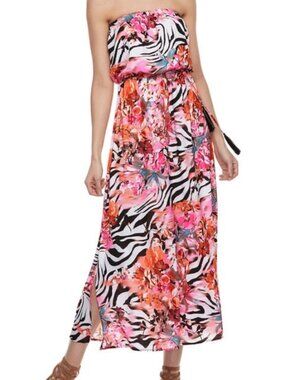 Jennifer Lopez Strapless Floral Zebra Print Maxi Dress Size Small
